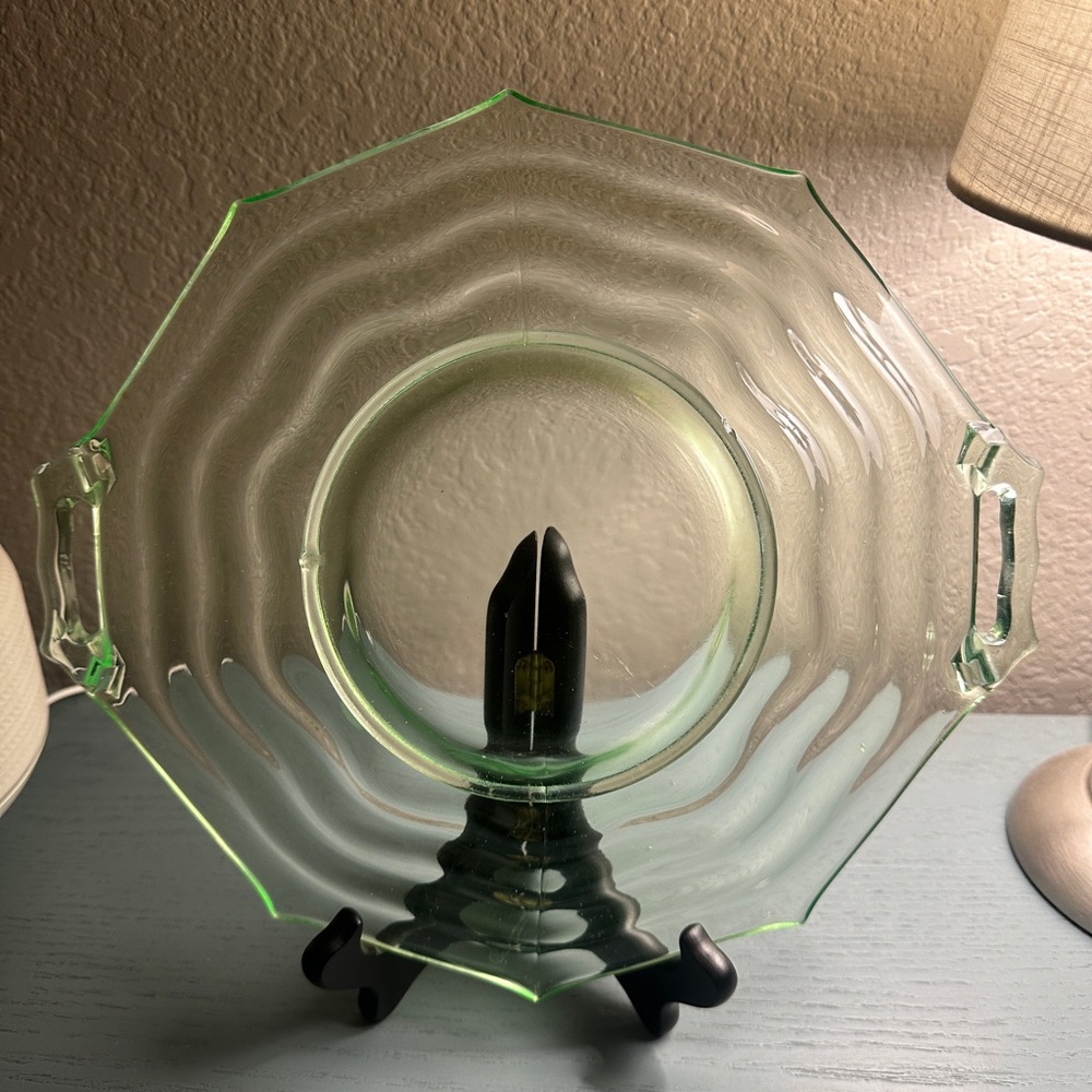 Jenkins Glass Green Uranium Handled Cake Platter - 12 inch Vaseline Dish - Picture 2 of 6